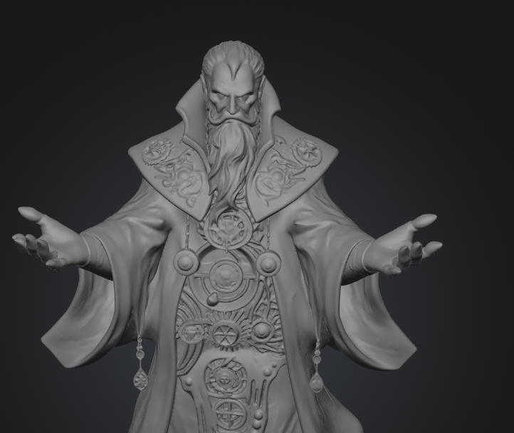 Early greyscale sculpt of a robed wizard — concept art, not a gameplay screenshot